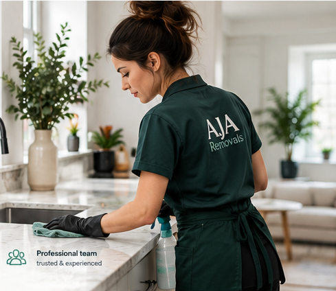 AJA cleaner in a green uniform working beside a bright window