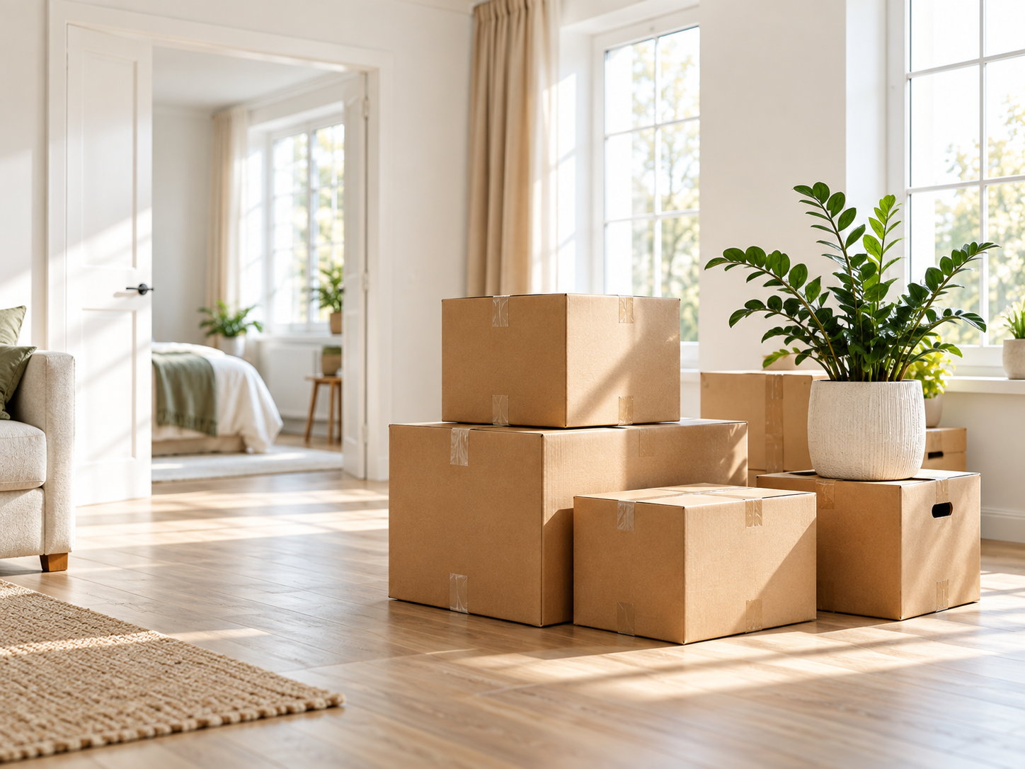 Packed moving boxes in a bright home before a move-in clean